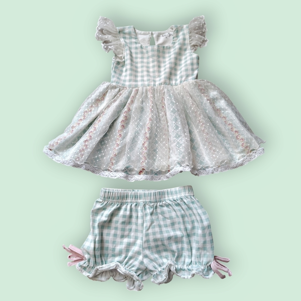 Love + Grow Girls Gingham Floral Dress With Lace Detailing & Shorts Set - Green